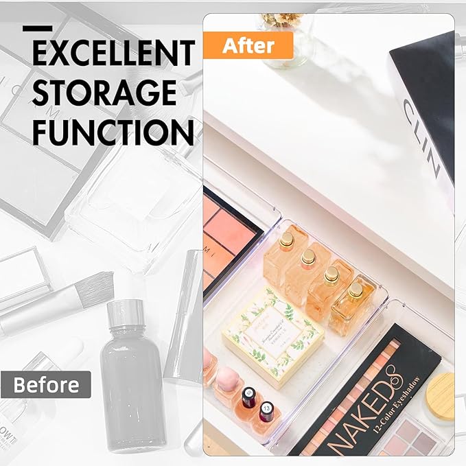 HOUSE DAY Desk Drawer Organizer Bins 6 PCS, 9*6*2" Clear Drawer Organizers with Silicone Pads, Vanity Organizers and Storage, Non Slip Plastic Drawer Organizer for Makeup, Bathroom, Kitchen, Office