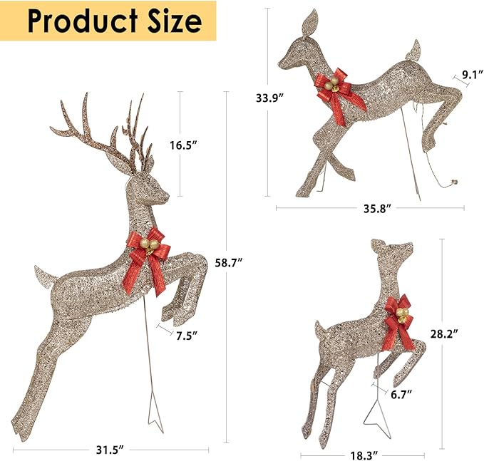 NALONE 3 PC Lighted Reindeer Family Set, 3D Large Christmas Deer Decoration for Outdoor Yard with 210 Warm White LED Lights, Xmas Deers for Outside with Stakes, Bow Ties