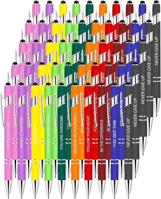 50 Pcs Inspirational Pens Bulk - Motivational Ink Ballpoint Pen with Quotes Stylus Tip Nurse Gifts for School Coworkers Office Supplies Black Ink