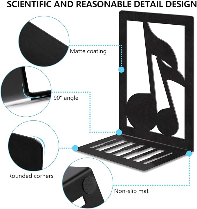 Book Ends,Metal Bookend,Bookend Decorative Heavy Book Ends for Shelves, Home Decorative Bookends for Heavy Books,Non-Skid Musical Note Bookshelf Holder