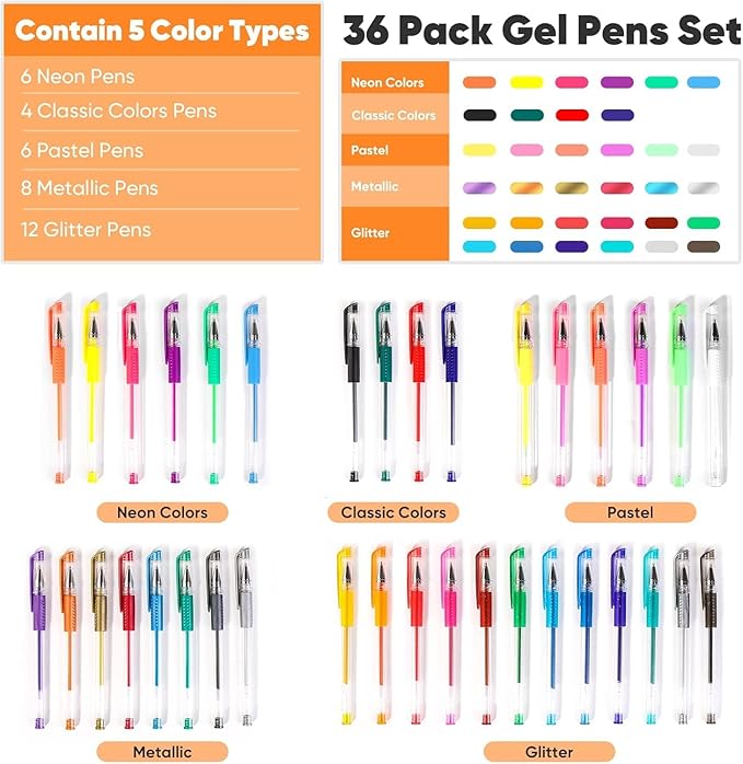 Taotree Gel Pens for Adult Coloring Books, 36-Color Neon Glitter Pens Coloring Drawing Art Supplies, 40% More Ink Glitter Gel Markers Set Colored Sparkle Doodling Journaling Gifts for Kids Teens
