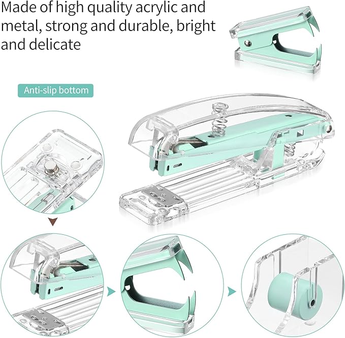 Office Supplies Set Desk Accessory Kit, Acrylic Stapler Set Staple Remover, Tape Dispenser, Binder Clips, Paper Clips, Ballpoint Pen and Scissor with 1000 Pieces 26/6 Staples (Green)