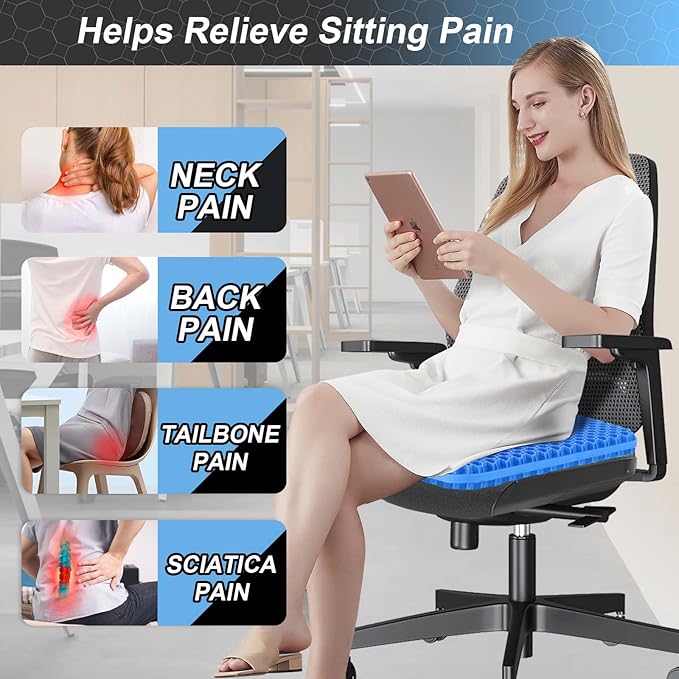 Seat Cushion, Gel Seat Cushion for Long Sitting– Back, Sciatica, Tailbone Pain Relief Pad, 19in Seat Pad for Car, Office Chair, Wheelchair, Soft Support for Long Trips