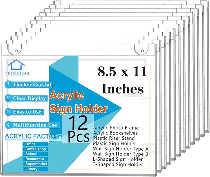 PecMuikee Acrylic Sign Holder 8.5x11 Horizontal, Wall Mount Acrylic Sign Holder and Plastic Paper Display Ad Frame bonus with 3M Tape and Mounting Screws for Restaurants, Office, Store, 12 Pcs