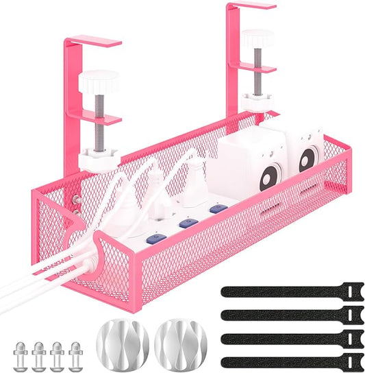 Under Desk Cable Management Tray Black, No Drill Desk Cable Wire Management Organizer with Clamp, PC Cord Organizer Accessories & Workspace for Office, Home（Pink）
