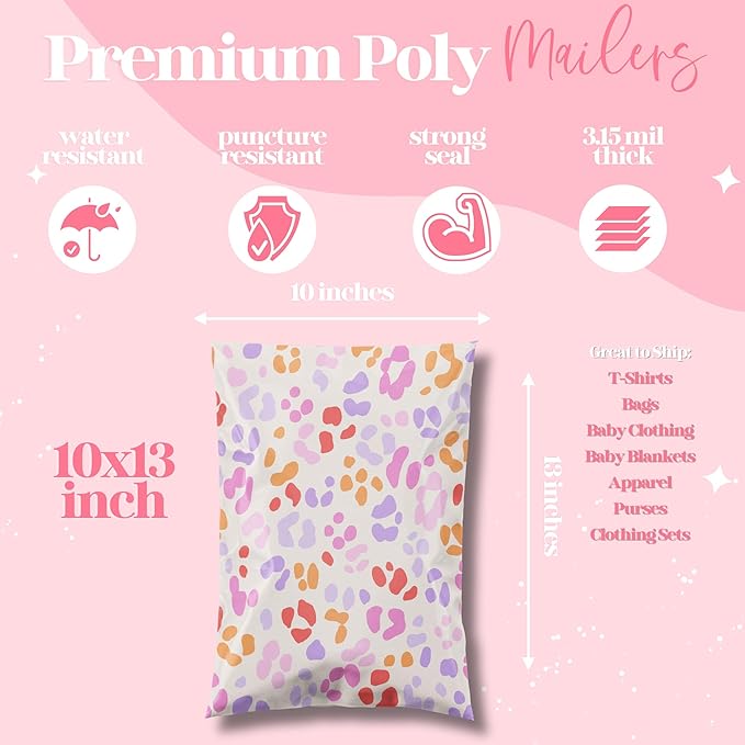 10x13 Designer Poly Mailer 100 Pack Heavy Duty Waterproof Self Seal Shipping Bags for Small Business Large Mailing Envelopes Bulk Tear Resistant Cute Packaging Preppy Leopard