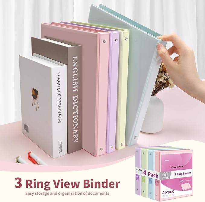 SUNEE 1/2 Inch Binders 3 Ring 4 Pack, Clear View 0.5" Binder Three Ring PVC-Free (Fit 8.5x11 Inches) for School or Office Supplies, Assorted Pastel