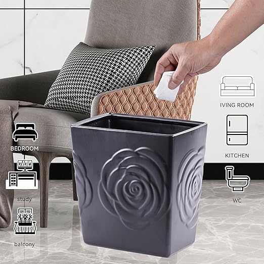 Black Ceramic Rose Small Bathroom Trash Can 2.5 Gal (9 Liter), Heavy Small Kitchen Garbage Bin, Living Room Bedroom Corner Trash Can, Decorative Wastebasket for Outdoor Garden, Home Office,Hotel Motel
