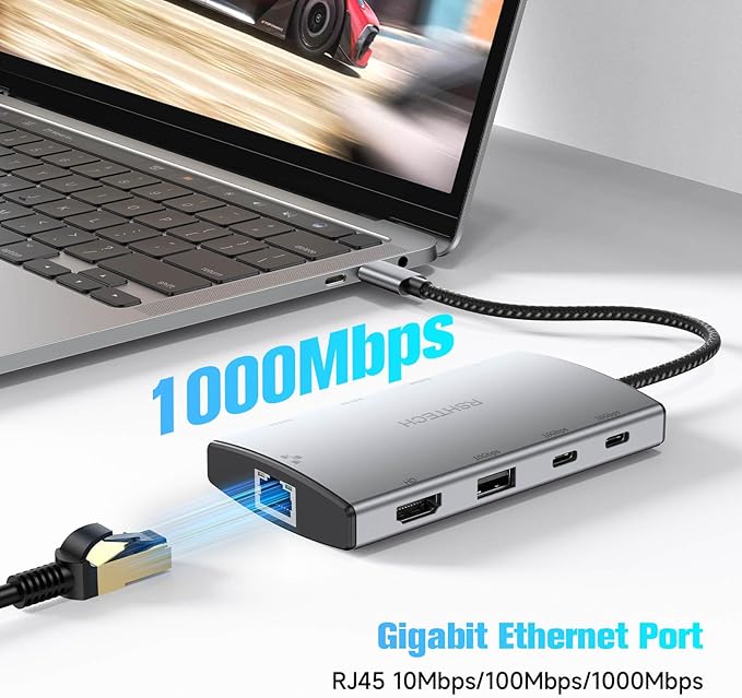 RSHTECH 9-in-1 USB C Hub Multiport Adapter with 4K HDMI, 10Gbps USB-3.2 Ports(2C + 1A), 3 USB-3.0 5Gbps Data Ports, 100W PD, Gigabit Ethernet, Aluminum USB-C Dongle for MacBook, Laptops and More