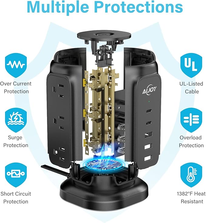 AiJoy Flat Plug Power Strip Tower with 9 Outlets and 5 USB Ports (2 USB-C), 1200J Surge Protection, 1625W Extension Cord with Multiple Outlets Charging Station for Home Dorm Office Supplies