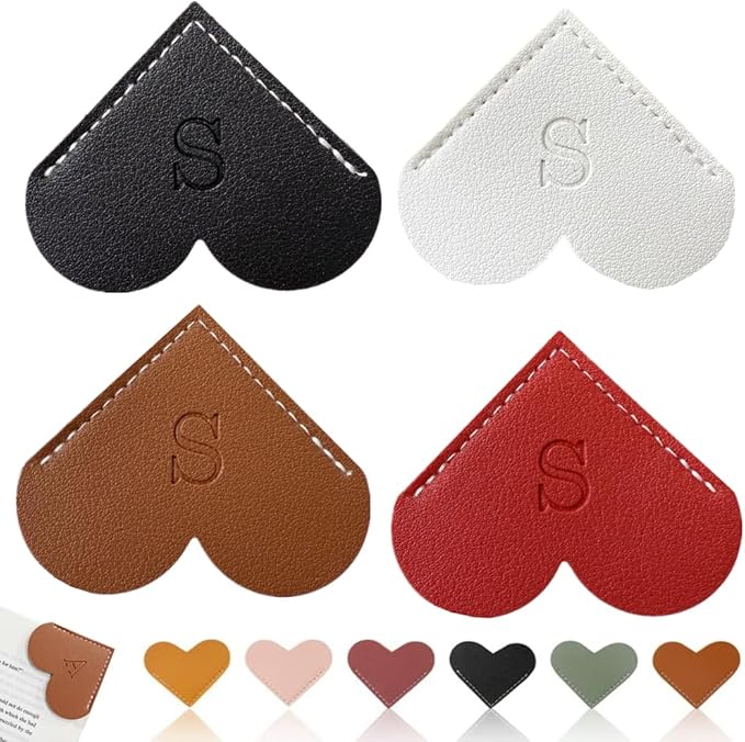 Personalized Leather Heart Bookmark, 26 Letters Customized Corner Book Mark for Reading, Book Holder Markers with Initials Page Book Accessories Cute Gifts (Black+White+Dark Brown+red,S)