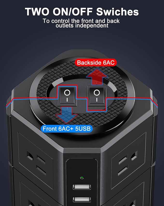 Surge Protector Power Strip Tower, 10FT Ultra Flat Extension Cord with 12 AC Outlets 5 USB Ports(2 Type C), Desktop Charging Station, Flat Plug Outlet Extender for Home Office Dorm