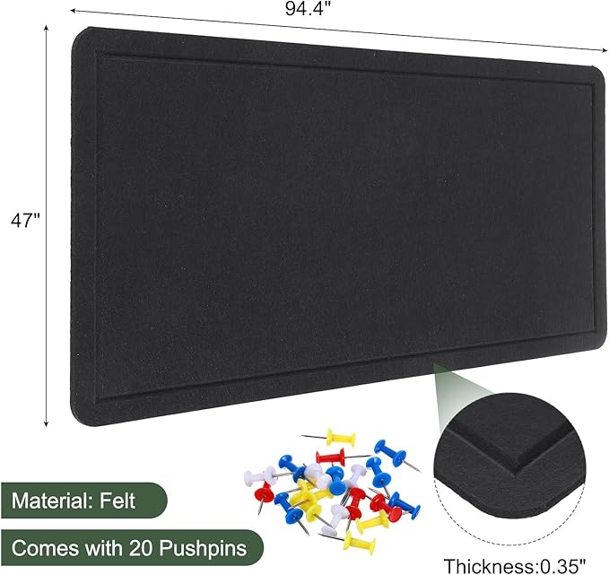 YOKIVE Felt Bulletin Board, 94.4 x 47 -Inch Foldable Decorative Pin Board Self Adhesive Felt Cork Board with 20 Pushpins, Great for Wall, Photo Display, Paste Note, Schedule(Black)