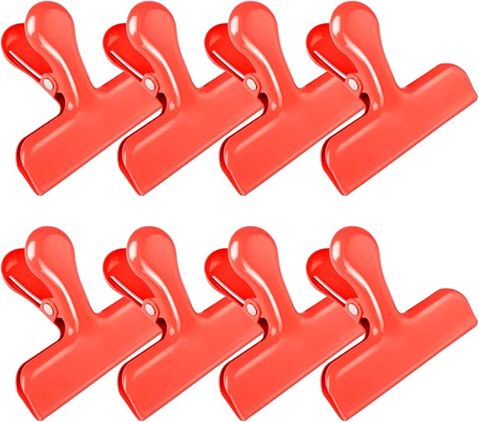 Bag Clips Heavy Duty Stainless Steel Chip Clips, Food Bags Clamp Great for Kitchen Office to Seal Coffee Bags, Paper Sheets - Pack of 8（Red）
