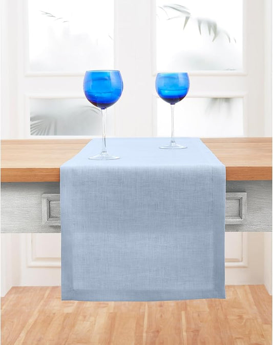 Solino Home Linen Sky Blue Table Runner 48 Inches - 100% Pure Linen Short Table Runner 14 x 48 Inch Ideal for Dresser and Coffee Tables - Fete - Christmas, Holiday