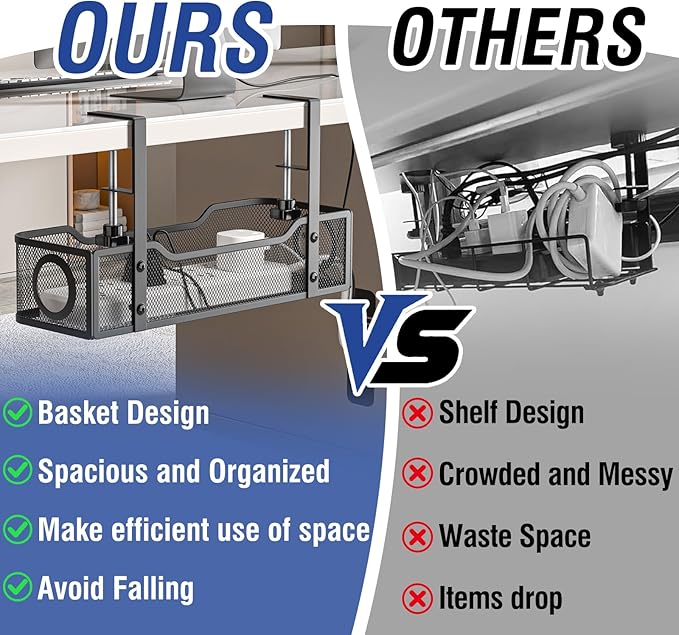 Under Desk Cable Management Tray - GZOKMOG No Drill Cord Organizer with Clamp, Workspace Organizers for Cords, Metal Mesh Wire Management for Home and Office, 2 Pack Black, 13.38 inch