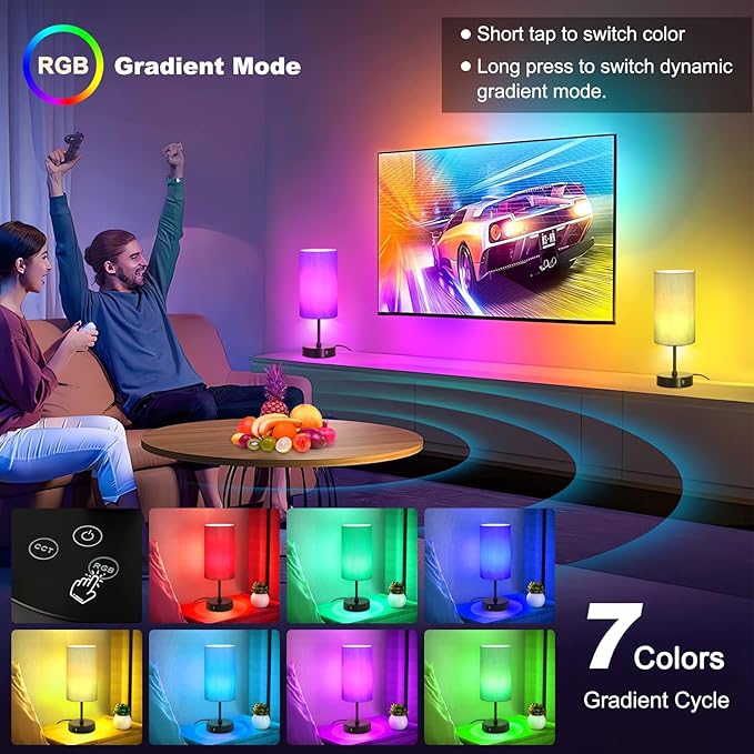 Unicozin Small Table Lamp, 7 RGB & 3 CCT 3000K/4500K/6500K, Stepless Dimmable Bedside Lamp with Grey Shade, Touch Control Ambience Nightstand Light for Living Room Dorm Home Decor Party