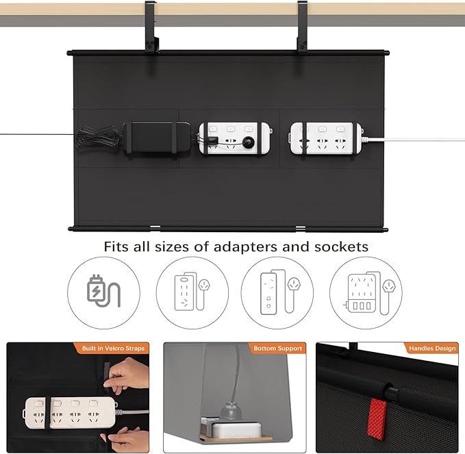 Under Desk Cable Management Tray - 28" Cord Organizer for Desk No Drill, Fabric Under Table Wire Organizer with 16X Cable Ties Hide for Office/Home, Cord Hider Fits Adapters & Sockets, Black