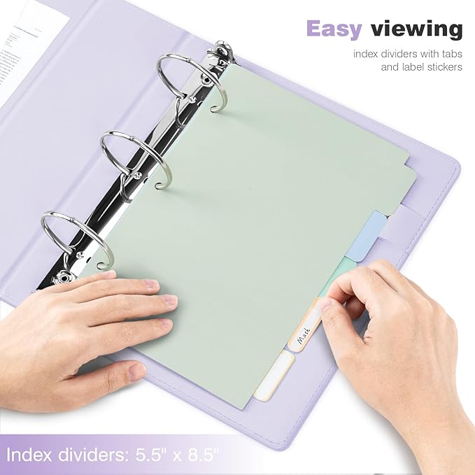 Ospelelf Mini Binder 2 Inch Small 3 Ring Vintage Leather Clipboard 5.5" x 8.5", Professional Binder Organizer Dividers with Tabs, Purple