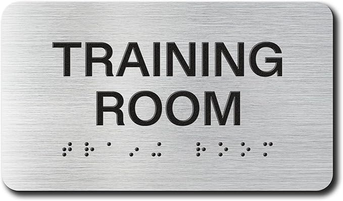 TRAINING ROOM Signs with Raised Text & Grade 2 Braille, Brushed Aluminum/Silver Finish Easy Install with Double-Sided Tape, ADA Compliant Custodian Door Sign for Businesses & Offices