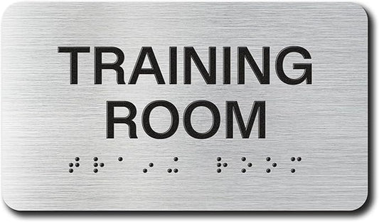 TRAINING ROOM Signs with Raised Text & Grade 2 Braille, Brushed Aluminum/Silver Finish Easy Install with Double-Sided Tape, ADA Compliant Custodian Door Sign for Businesses & Offices