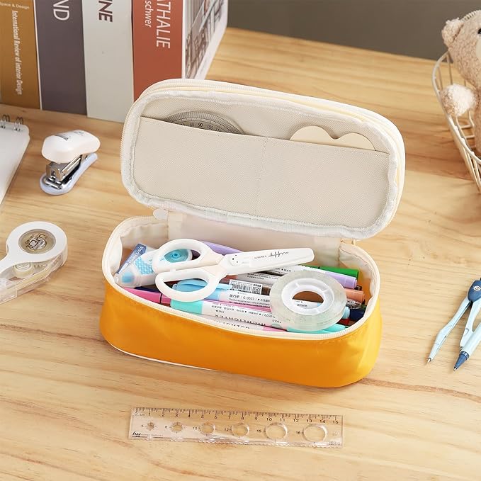 Big Pencil Case Large Capacity Pencil Bag with Zipper Pencil Pouch for Girls Boys Kids Adults Stationery Pencil Pen Case Organizer for School Office Yellow