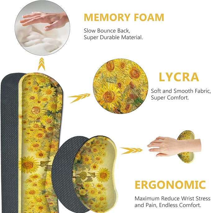 AIMSA Keyboard Mouse Pad Wrist Rest, Extended Gaming Mouse Pad +Wrist Support, Ergonomic Memory Foam,XXL Large Mousepad, 4Pcs (35×15.7 in) Desk Mat, Sunflower Oil Painting