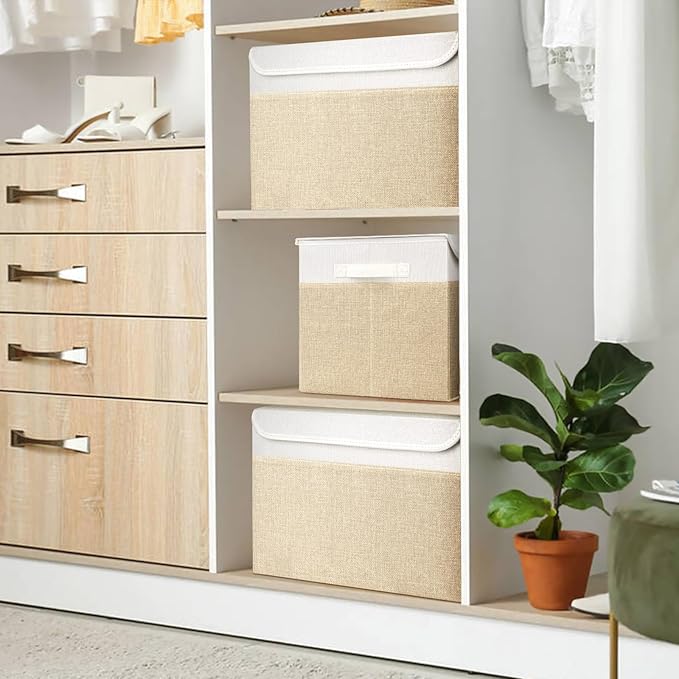 Large 17" 42 Quarts Collapsible Stackable Storage Bins with Lids [3-Pack] Foldable Fabric Linen Storage Boxes Cube, Closet Organizer Baskets with Label (16.7 x 12 x 12", Beige & White)