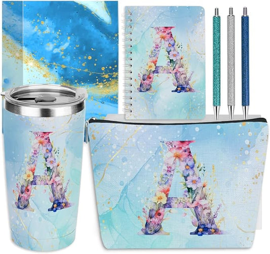 Personalized Gifts Monogrammed Birthday Gifts for Women, Cowerker Bride Appreciation Christmas Initial 20 oz Tumbler, Makeup Bag Cup Ballpoint Pens Journal Notebook 6 Set, (Aesthetic Blue Flower A)