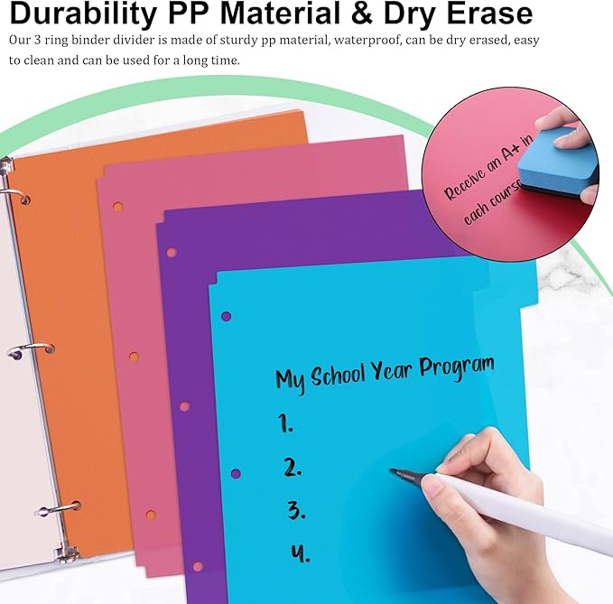 24PCS/3 Set Binder Dividers with Tabs, 8-Tab Dividers for 3 Ring Binder, 3-Hole Punched Letter Size Plastic 3 Ring Binder Dividers for School Office Home Document Organizer, Multicolor