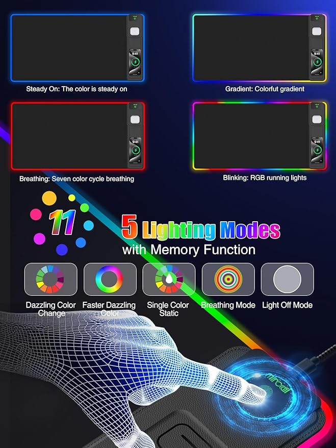 Mouse Pad with Foldable Phone Holder & Wireless Charger, XXL RGB Gaming Mousepad 31.5"x15.8" Large Desk Mat for Keyboard, Black Desk Pad with Dual Qi Charging Station | 11 Colors 5 Modes | Waterproof
