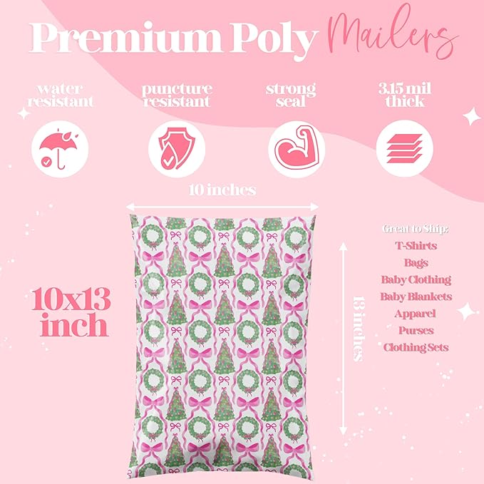 10x13 Designer Poly Mailer 100 Pack Heavy Duty Waterproof Self Seal Shipping Bags for Small Business Large Mailing Envelopes Bulk Tear Resistant Packaging Coquette Christmas Holiday Bows