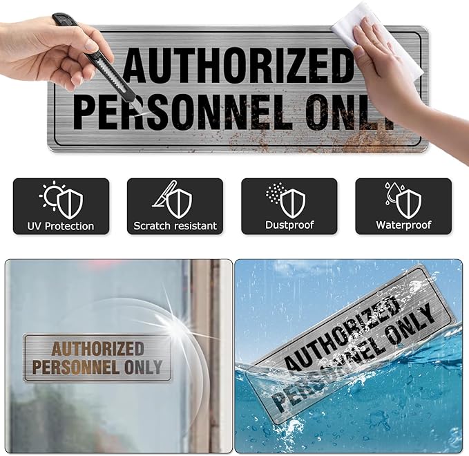 Authorized Personnel Only Sign Aluminum Silver 9 x 3 Inches Self-Adhesive Waterproof Metal Door Wall Sign for Business Offices 4 Pack