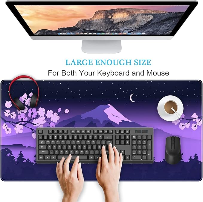 Purple Desk Mat Japanese Desk Pad Cute Fuji Mountain Gaming Mousepad Large, Cherry Blossom Mouse Pad XXL Desk Mats, Kawaii Anime Deskmats Desktop Protector Laptop Keyboard Mat Pad 31.5x15.75 in
