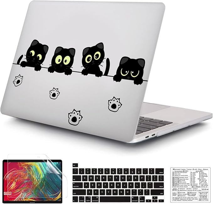Compatible with MacBook Pro 13 Inch Case M2/M1 2025 2022-2017 A2338 A2289 A2251 A2159 A1989 A1706 A1708 Plastic Hard Shell Case&Keyboard Cover&Mac OS Keyboard Sticker (Black Cat A)