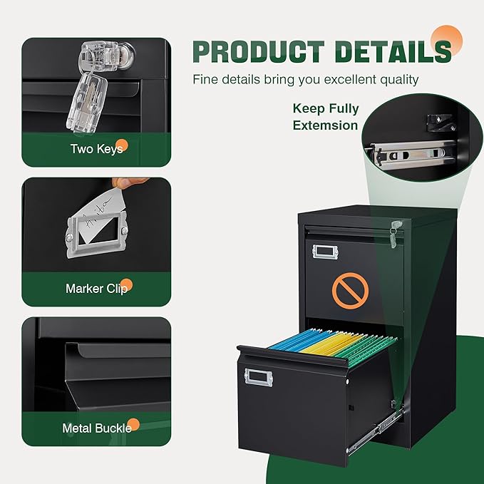 Letaya 2 Drawer File Cabinet with Lock,Metal Vertical Filing Cabinets for Home Office- Storage A4/F4/Letter/Legal -Assembly Required (Black)