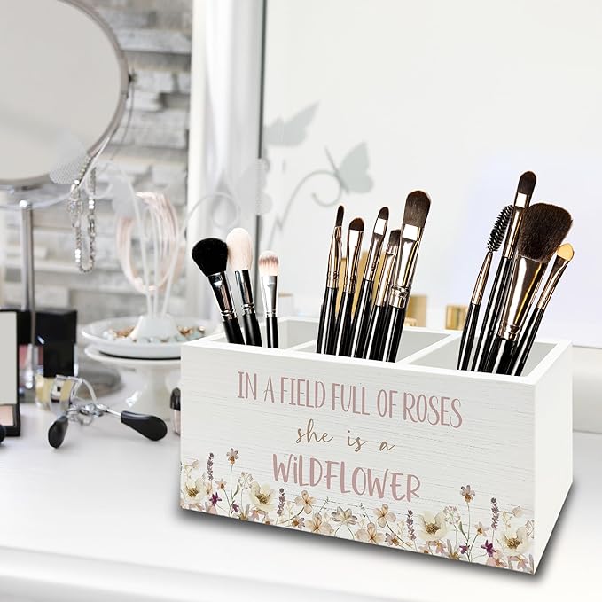 Wildflower Nursery Decor Pen Pencil Holder Organizer for Desk, Girl Nursery Decor, in a Field Full of Roses She Is a Wildflower Wooden Box Sign for Girly Room Bedroom Desk Tabletop Decorations