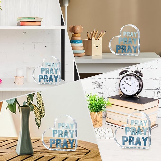 Religious Plaques Christian Woman Decor Gifts, Blue Prayer Room Decor, Pray On It Pray Over It Acrylic Sign Decorative for Home Pastor Farmhouse Living Room Church Table Desk Bookshelf