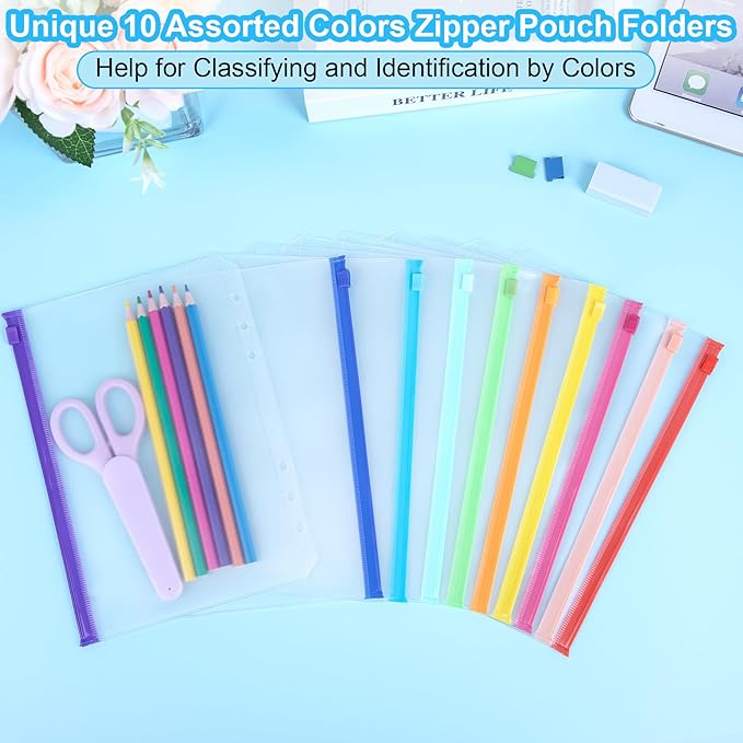 Antner 20PCS A5 Binder Pockets 6-Hole Cash Stuffing Envelopes for Money Saving, 10 Assorted Color Zipper Pouch Folders Budget Planner Inserts Loose Leaf Money Organizer Bags for A5 6-Ring Binder