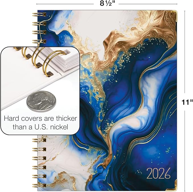 HARDCOVER 2026 Planner, 8.5"x11": 14 Months (November 2025 - December 2026), Daily Weekly Monthly Planner, Yearly Agenda, Bookmark, Pocket Folder and Sticky Note Set (Dark Blue Marble)