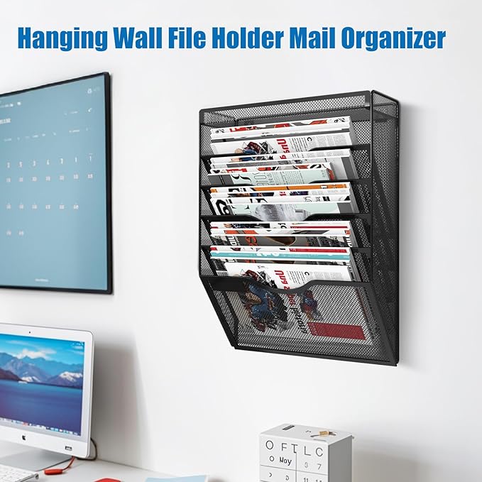 6 Tier Wall File Organizer Hanging Vertical File Organizer, Wall Mounted Mail Paper Document Folder Holder, Mesh Magazine Rack Mail Document Organizer for Office School Home(Black)