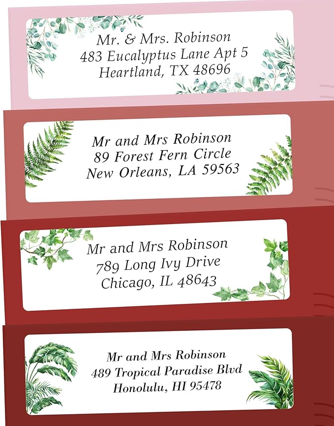 Personalized Return Address Labels Greenery - High Gloss Custom Mailing Labels on Sheets - Self-Adhesive Return Stickers for Envelopes with Crisp Printing Design (50-1000)
