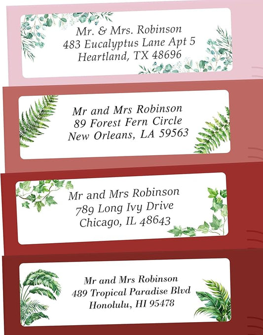 Personalized Return Address Labels Greenery - High Gloss Custom Mailing Labels on Sheets - Self-Adhesive Return Stickers for Envelopes with Crisp Printing Design (50-1000)