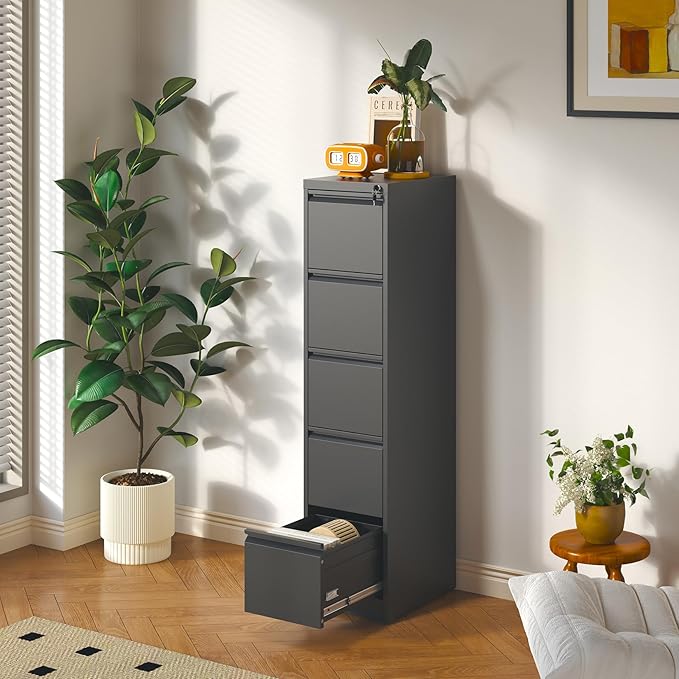5 Drawer File Cabinet with Lock, Metal Vertical Filing Cabinet for Home Office, 64" Tall Narrow Locking Steel File Cabinets with Drawers, Storage for Legal/Letter/A4/F4, Easy Assemble (Black)