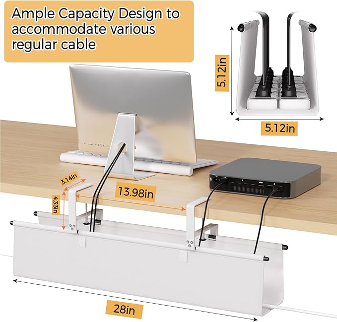 Under Desk Cable Management Tray - 28" Cord Organizer for Desk No Drill, Fabric Under Table Wire Organizer with 16X Cable Ties Hide for Office/Home, Cord Hider Fits Adapters & Sockets, White