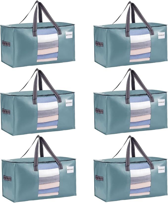 VENO 6 Pack Moving Bags, Comforter and Blanket Storage Bags for Closet, Moving Boxes, Boxes with Lids Alternative, College Dorm Packing Supplies, Foldable Heavy-Duty Tote (Shiny Light Blue, 6 Pack)