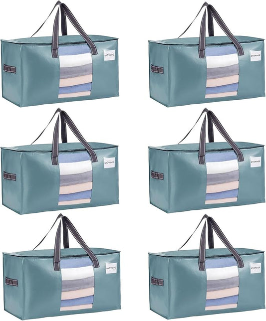 VENO 6 Pack Moving Bags, Comforter and Blanket Storage Bags for Closet, Moving Boxes, Boxes with Lids Alternative, College Dorm Packing Supplies, Foldable Heavy-Duty Tote (Shiny Light Blue, 6 Pack)