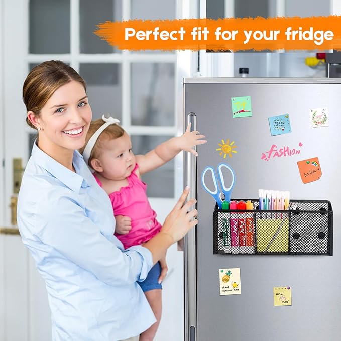 Ameceres Magnetic Pencil Holder - Extra Strong Magnets Mesh Marker Holder Perfect for Whiteboard, Refrigerator and Locker Accessories (3 Baskets, 1 Pack Black)