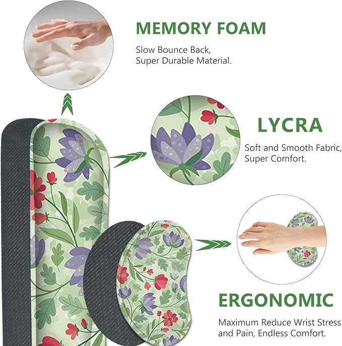 AIMSA Gaming Mouse Pad Wrist Support Set, Desk Pad +Mouse Wrist Rest +Keyboard Wrist Rest +Coaster, 4in1 Ergonomic Mouse Pad Combo for Home Office -Red Purple Flower