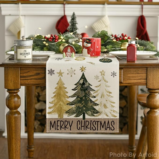 Artoid Mode Pine Trees Snowflake Merry Christmas Table Runner, Winter Xmas Holiday Kitchen Dining Table Decoration for Home Party Decor 13x72 Inch